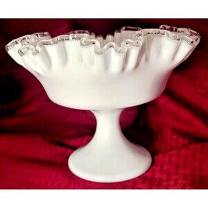 Fenton Pedestal Silver Crest Milk Glass Candy Dish Ruffled Edges 6” Vintage MCM